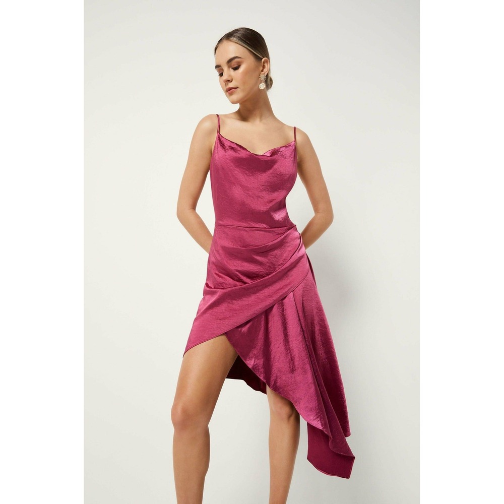 Elliatt Jacinda Dress Berry Asymmetrical Hem Satin Cowl Neck (MSRP: $210) XS